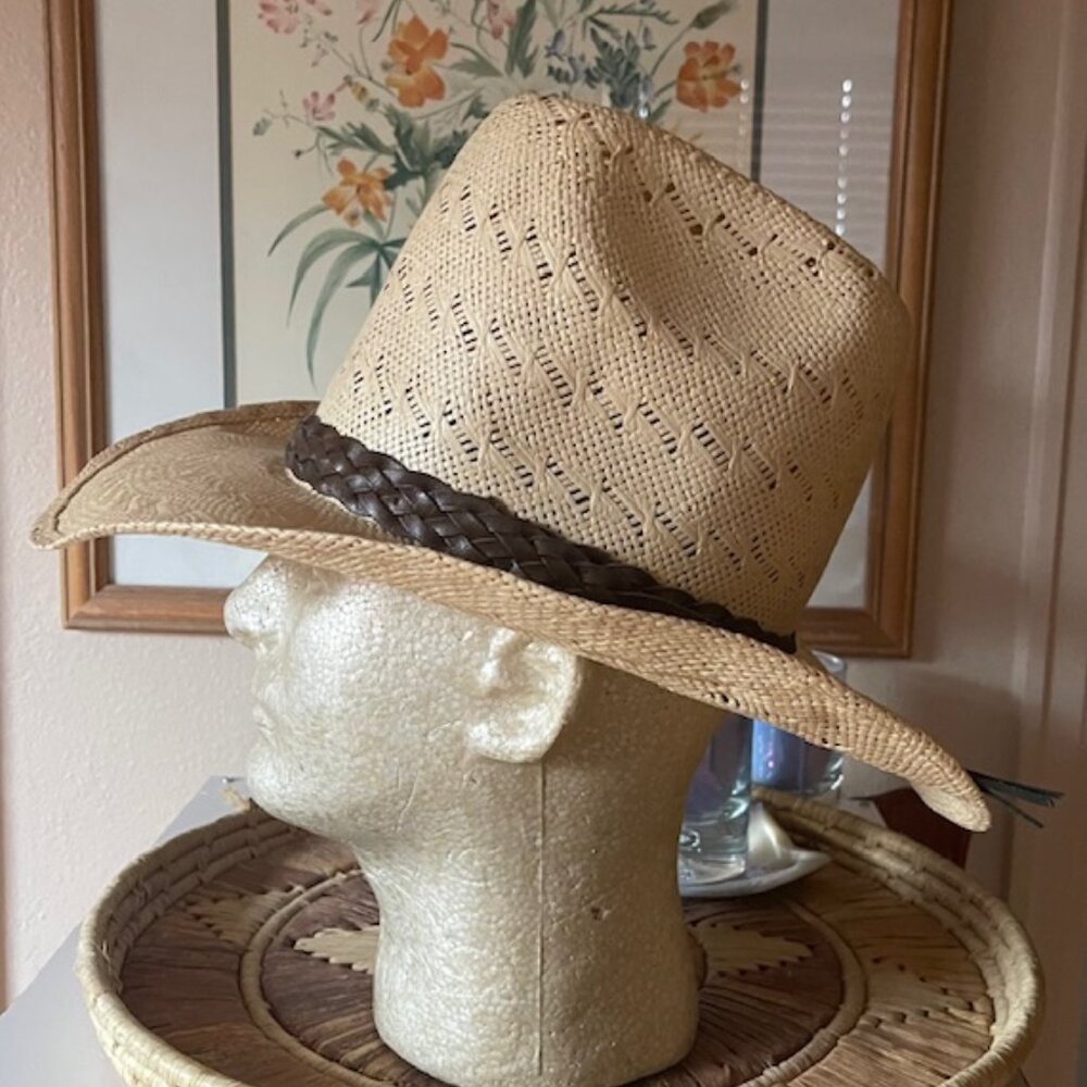 Vintage Men’s Size 7 Artel Tan Cowboy Hat with Brown Leather Band and Strips - Picture 2 of 7